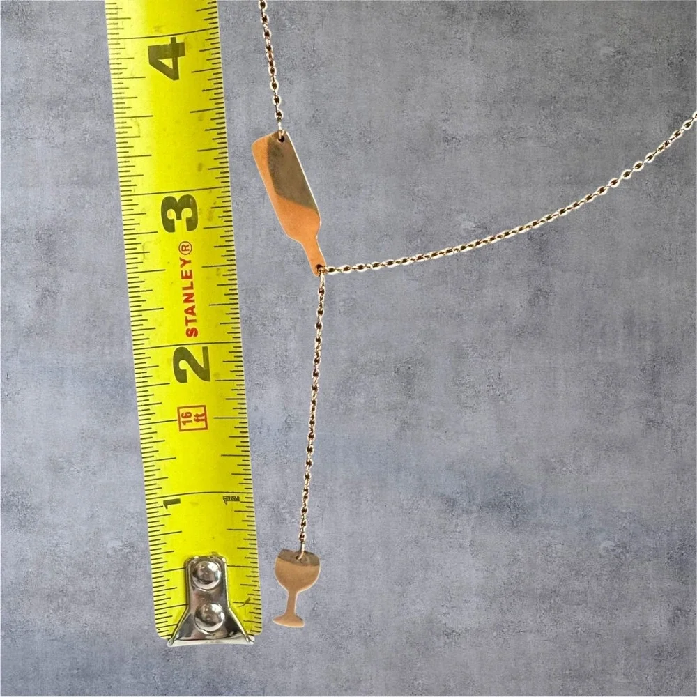 Wine Bottle & Glass Lariat Necklace Womens Gold Tone Novelty‎ Fun